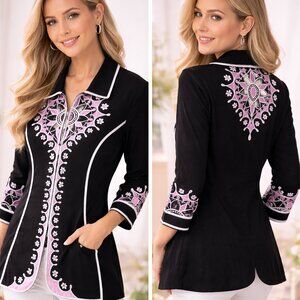 Black Pink Embroidered Jacket Floral Western Boho Statement Top